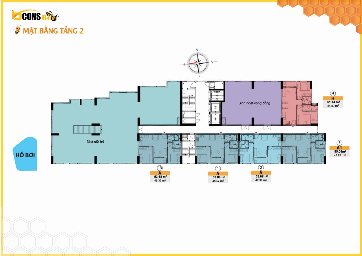 Mặt bằng tầng 2 dự án căn hộ Bcons Bee Dĩ An 