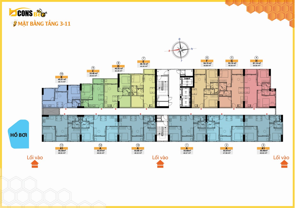 Mặt bằng tầng 3-11 dự án căn hộ Bcons Bee Dĩ An 