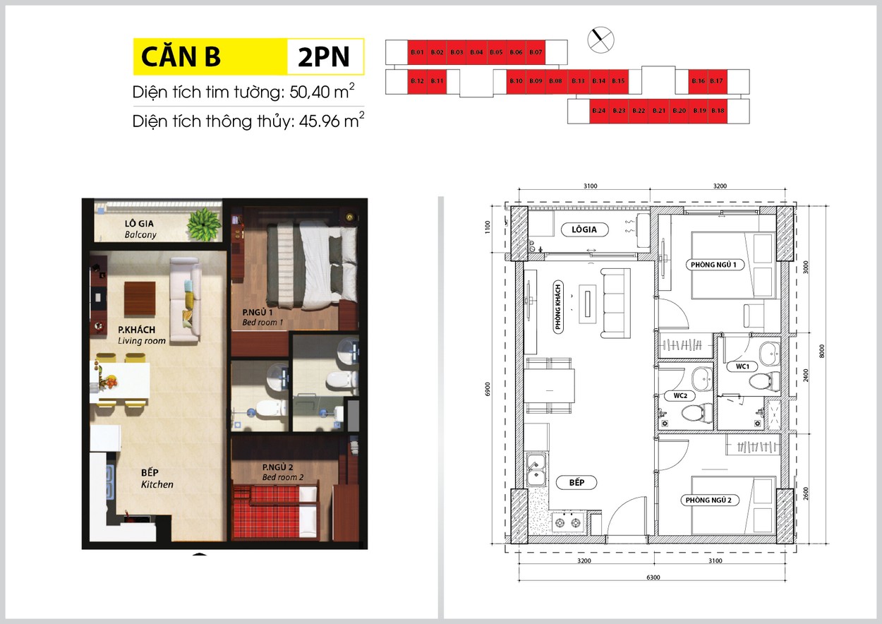Thiết kế căn hộ loại B 2PN Bcons Suối Tiên